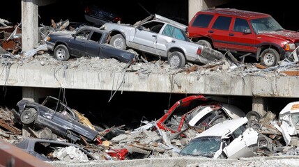 A scene depicting damaged vehicles piled in a collapsed parking structure, showcasing destruction and chaos from a significant event.