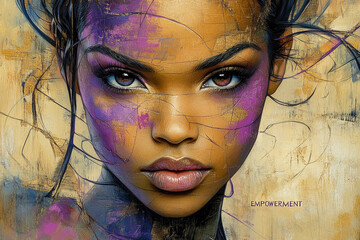 Illustration of a close-up portrait of an African-American woman with a determined gaze with the word “EMPOWERMENT” integrated into the design. International Women's Day concept