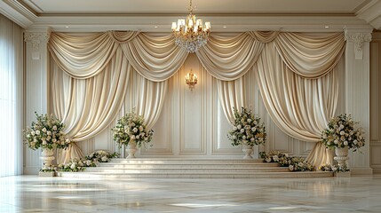 Elegant interior with draped curtains, floral arrangements, and a chandelier for events.