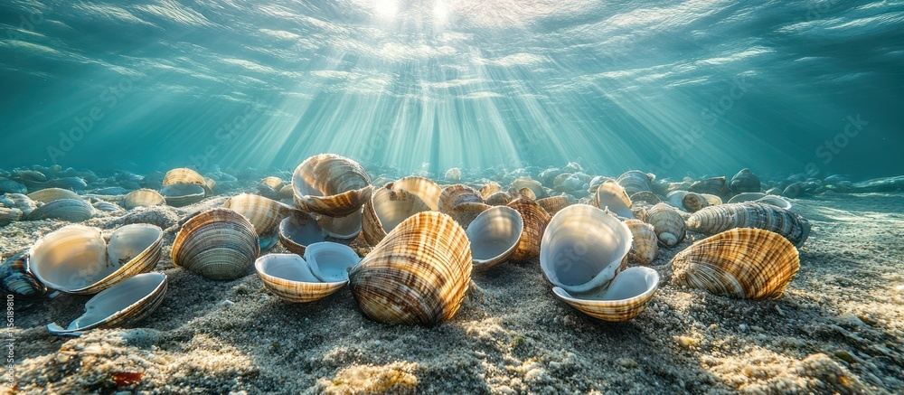 Poster sunbeams illuminate seashells on seabed. (1)