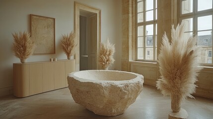 Chic Minimalist Home Interior: Modern Living Room with Stylish Cabinet and Stone Sculpture
