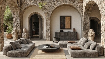 Fototapeta premium Chic Minimalist Home Interior: Modern Living Room with Stylish Cabinet and Stone Sculpture