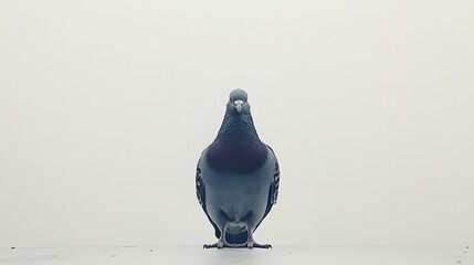 A single pigeon stands facing the camera on a white background