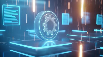 A blue and neon green image of a gear with a blue background