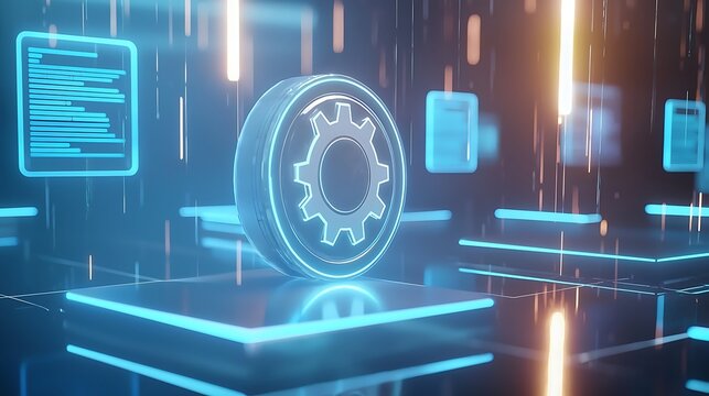 A blue and neon green image of a gear with a blue background - Powered by Adobe
