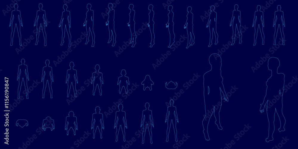 Poster series of blue images of people in various poses. the images are pixelated and appear to be from a v