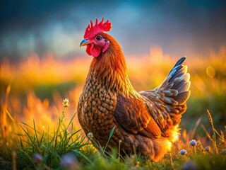Fototapeta premium Austrian Rural Sumavanka Chicken, Low Light Side Profile, Grassland Photography