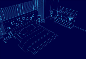 Bedroom with a bed, nightstand, and dresser. The bed is blue and the nightstand is blue