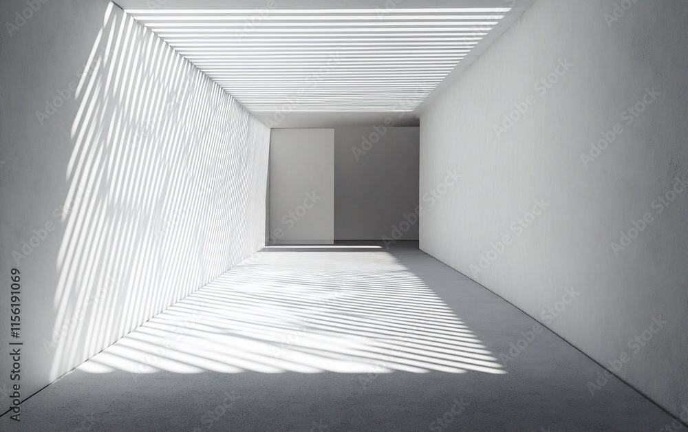 Poster Sunlight streams through slatted ceiling into minimalist white room.