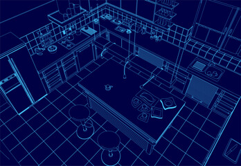 Blue kitchen with a counter and a sink. The kitchen is shown in a 3D format