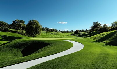 Obraz premium Winding concrete pathway invites exploration through lush green golf course landscape under clear blue sky