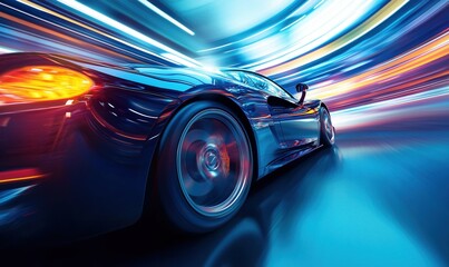 Fast car racing through neon-lit streets at night with dynamic lighting effects