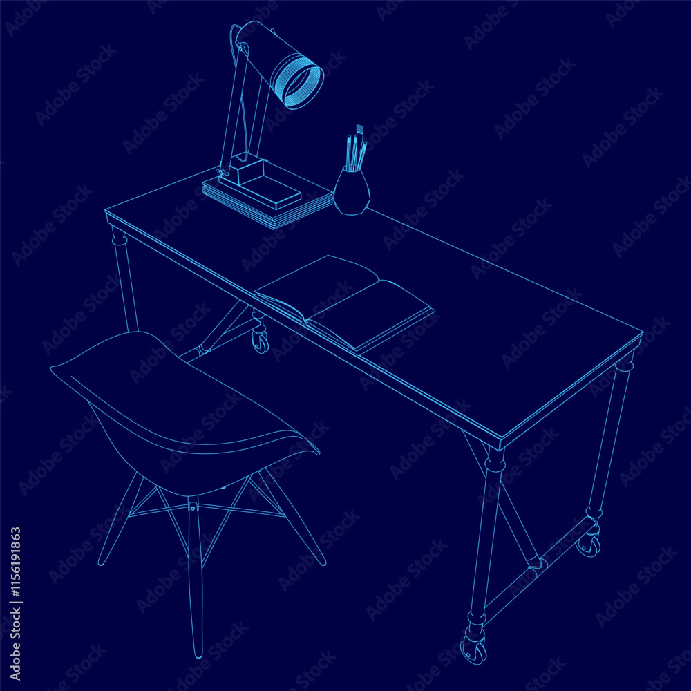 Poster blue desk with a lamp and a book on it. the lamp is on the left side of the desk