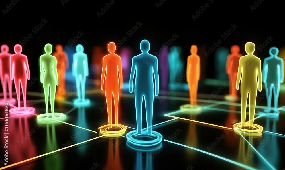 Poster connection of human resources through global networks and glowing interactive icons