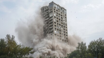 A towering building collapses in a cloud of dust, showcasing the dramatic impact of demolition and the power of urban change.