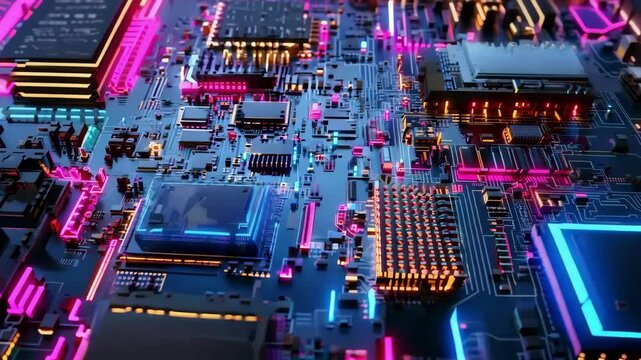 Futuristic 3D Neon Microchip Grid Spinning Animation