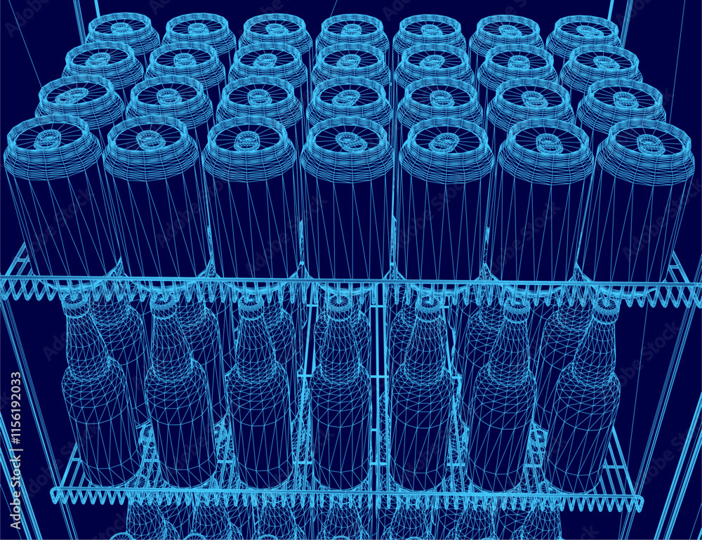 Poster blue image of a refrigerator with many cans of soda. the image is in a stylized, pixelated format