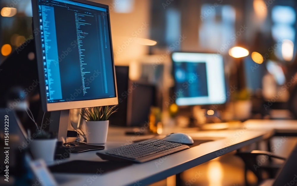Poster Modern office workspace with computers displaying code at night.