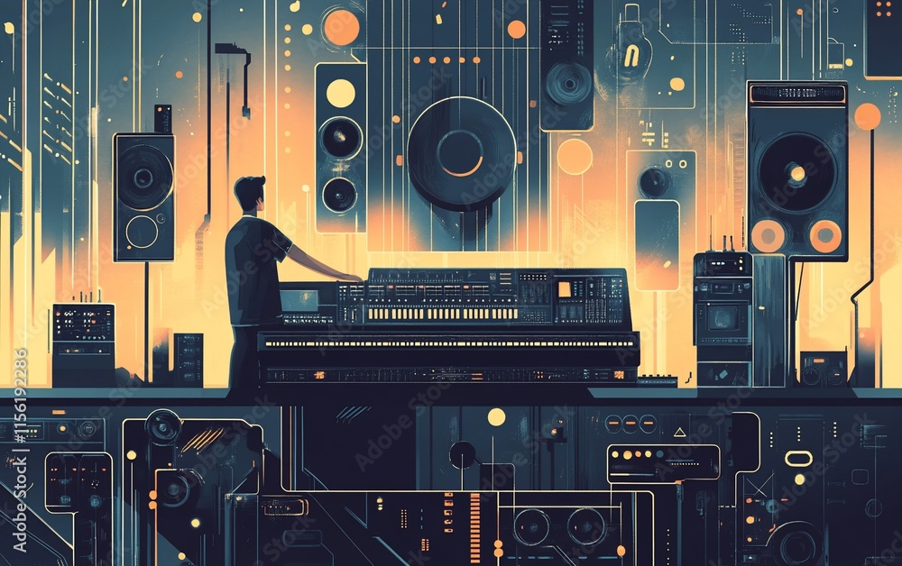 Aufkleber a man operates a large synthesizer surrounded by various audio equipment in a futuristic setting.