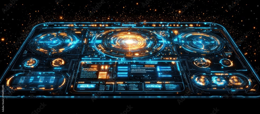 Poster futuristic control panel with glowing interfaces and data displays.