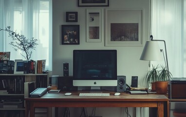 Modern home office workspace with computer, desk, books, plant, and framed pictures.