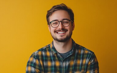 Obraz premium Happy young man with glasses smiling against a yellow background.