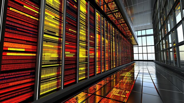 Modern server room with glowing data center racks and large windows.