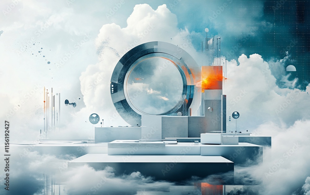 Poster futuristic portal in cloudscape, abstract 3d render.
