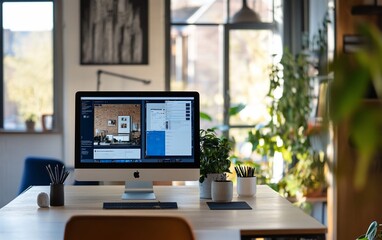 Modern home office workspace with iMac, plants, and natural light.