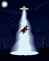 Alien Cow Abduction with UFO and Beam of Light – Vector Illustration
