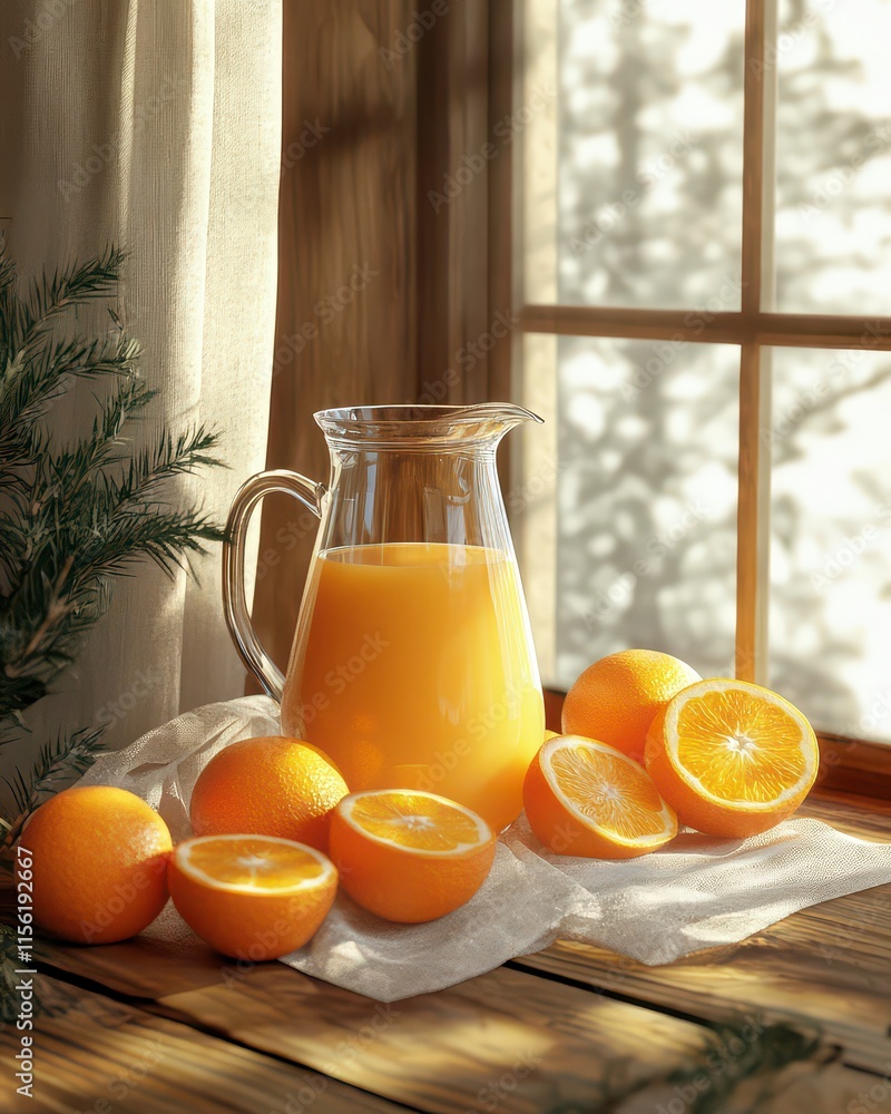 Poster a pitcher of orange juice surrounded by fresh oranges on a table by a window.