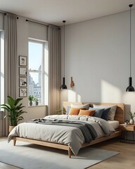 Minimalist bedroom, interior design, cartoon 3d illustration 