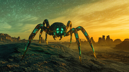 A colossal, spider-like creature with glowing green markings on its legs crawls across a desolate landscape, casting eerie shadows and evoking a sense of both wonder and fear.