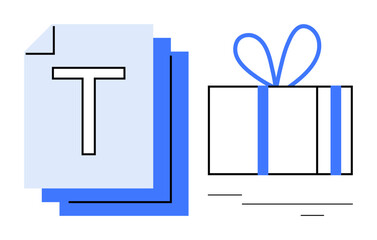 Documents stacked next to a gift box tied with a bow. Ideal for content delivery, communication, documentation, celebration, gift services, presentation, publishing. Line metaphor