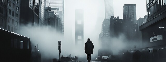 Solitary figure walking down a foggy city street.