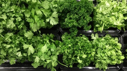 A row of green herbs are displayed in a black container