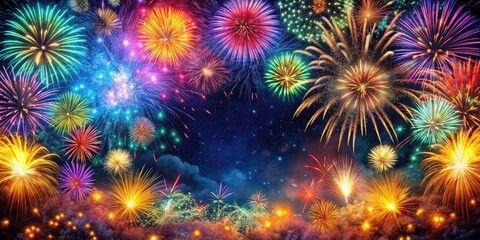Fototapeta premium Colorful Fireworks Border Celebration Card, Festive Banner, Surreal Exploding Fireworks, Sky Party Design