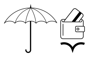 Umbrella covers wallet with credit card, indicating protection and security. Ideal for finance, insurance, savings, investments, banking, personal security business continuity. Line metaphor