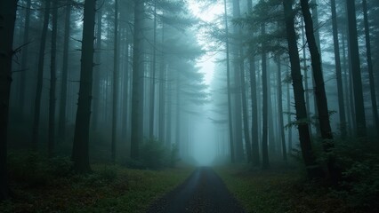 Obraz premium Mystical Forest Path: Ethereal Fog and Enchanting Woods