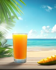 Obraz premium A refreshing glass of orange juice beside a mango, set against a beach backdrop.