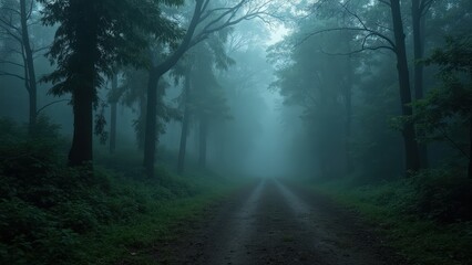 Fototapeta premium Enchanted Forest Road: Misty Pathway into the Unknown