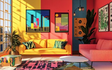 Sunlit living room with colorful furniture, walls, art, and plants.