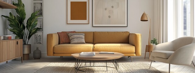 Modern living room interior with mustard yellow sofa, wooden coffee table, armchair, and plants.