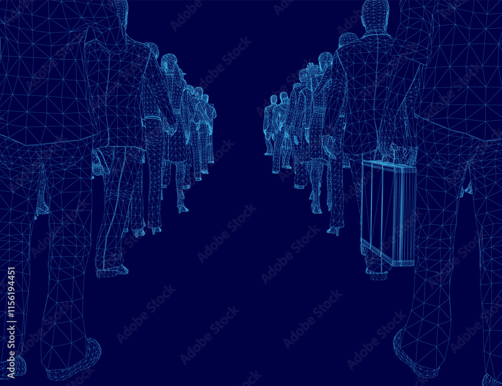 Poster group of people are walking down a hallway with a suitcase in the foreground. the image is a compute