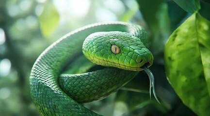 Green snake coiled among lush leaves.