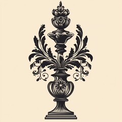 Fototapeta premium Ornate vintage floral design element, elegant black and white illustration of a decorative vase with floral motifs.