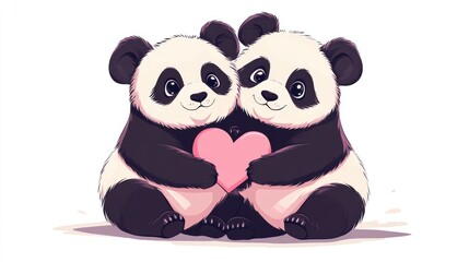 Obraz premium Adorable pandas holding pink heart in cute cartoon The 14th of February. Happy Valentine's Day