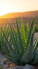 A close-up of a vibrant aloe vera plant basking in the golden glow of a sunset, highlighting its sharp, green leaves and textured surface in a tranquil natural setting.
