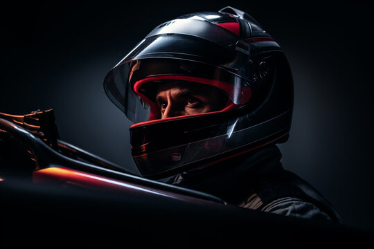 Dramatic F1 Pilot Portrait: Close-Up in Garage. A close-up, dramatic portrait photo of a Formula 1 pilot inside his car in the garage, capturing a moment of intense focus and preparation.