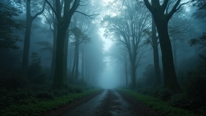 Naklejka premium Mystical Forest Road: Ethereal Fog and Ancient Trees